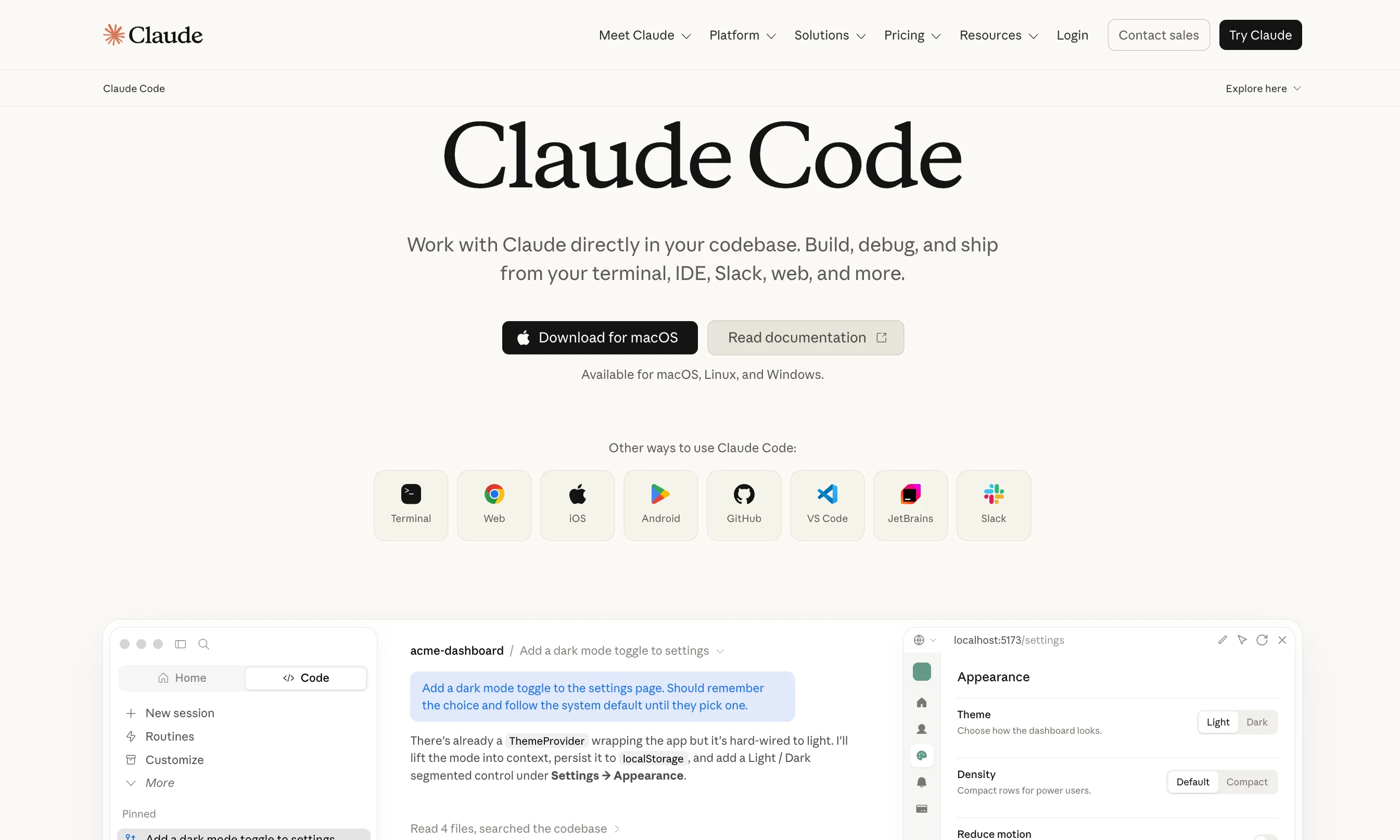 Screenshot of Anthropic's Claude Code product page, showing the download options for macOS, Linux, and Windows, other access points including terminal, web, iOS, Android, GitHub, VS Code, JetBrains, and Slack, and an example dark mode toggle prompt in the interface.