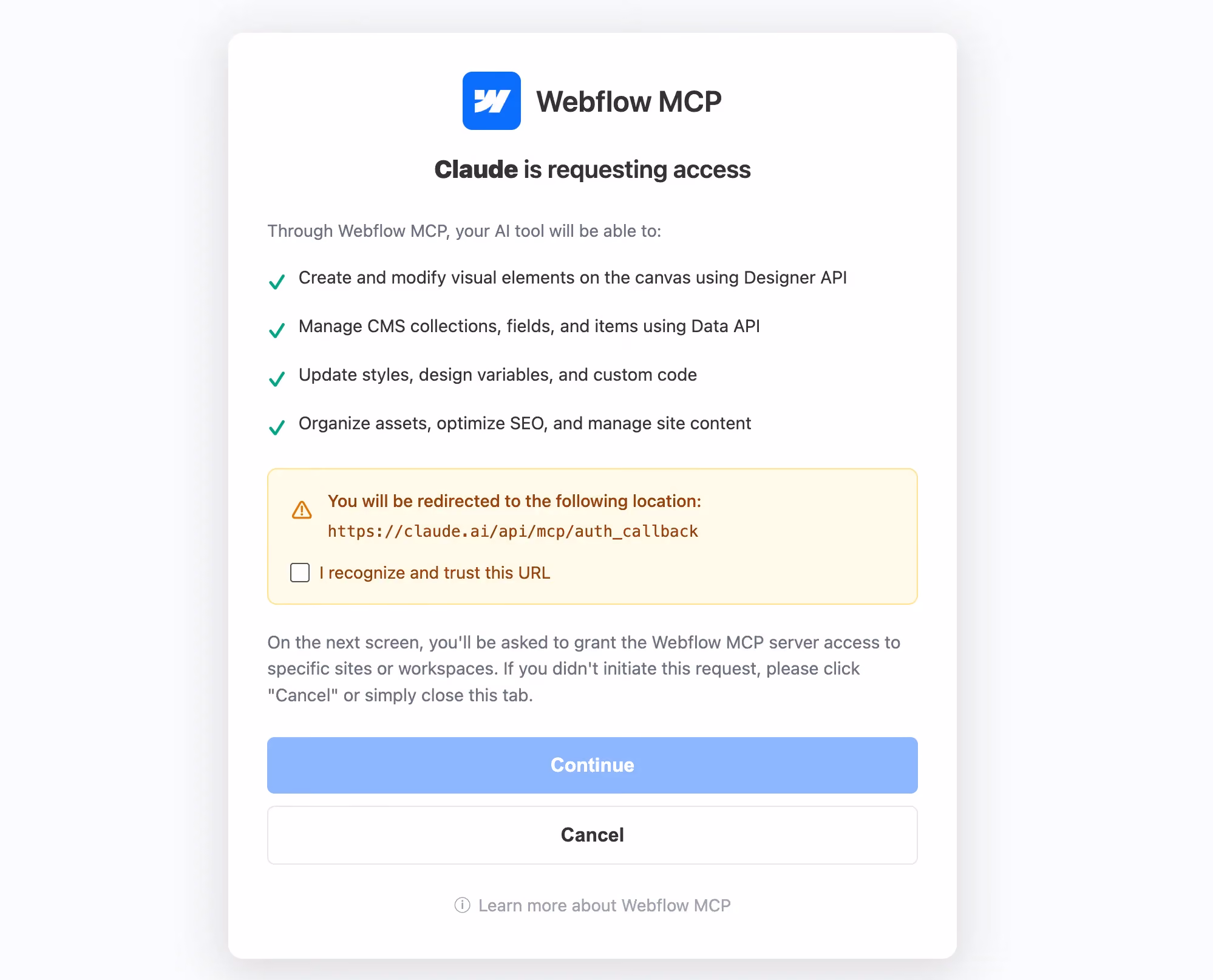 Screenshot of the Webflow MCP consent screen, showing Claude requesting permission to create and modify visual elements, manage CMS collections, update styles and design variables, and organize assets and SEO.
