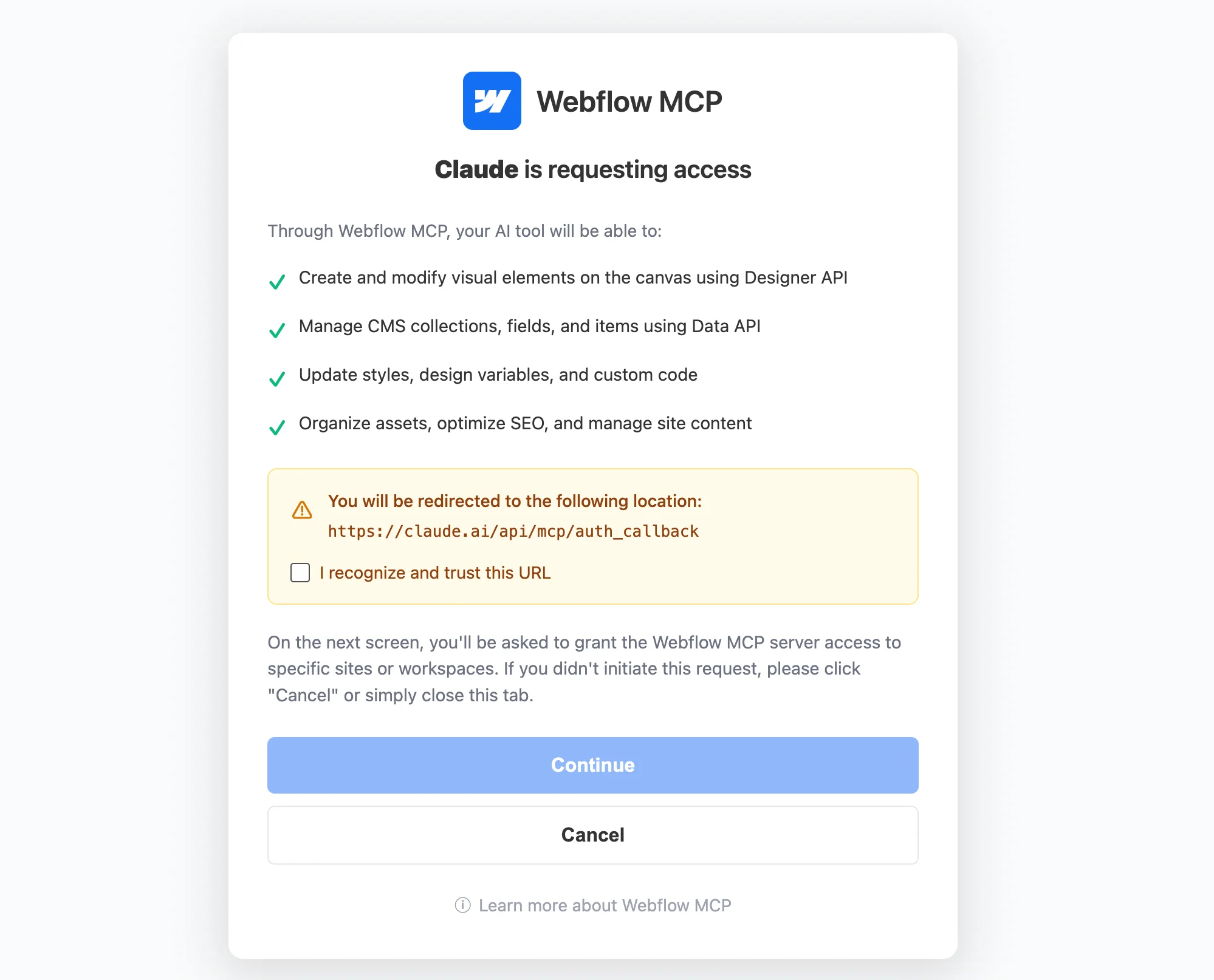 Screenshot of the Webflow MCP consent screen, showing Claude requesting permission to create and modify visual elements, manage CMS collections, update styles and design variables, and organize assets and SEO.