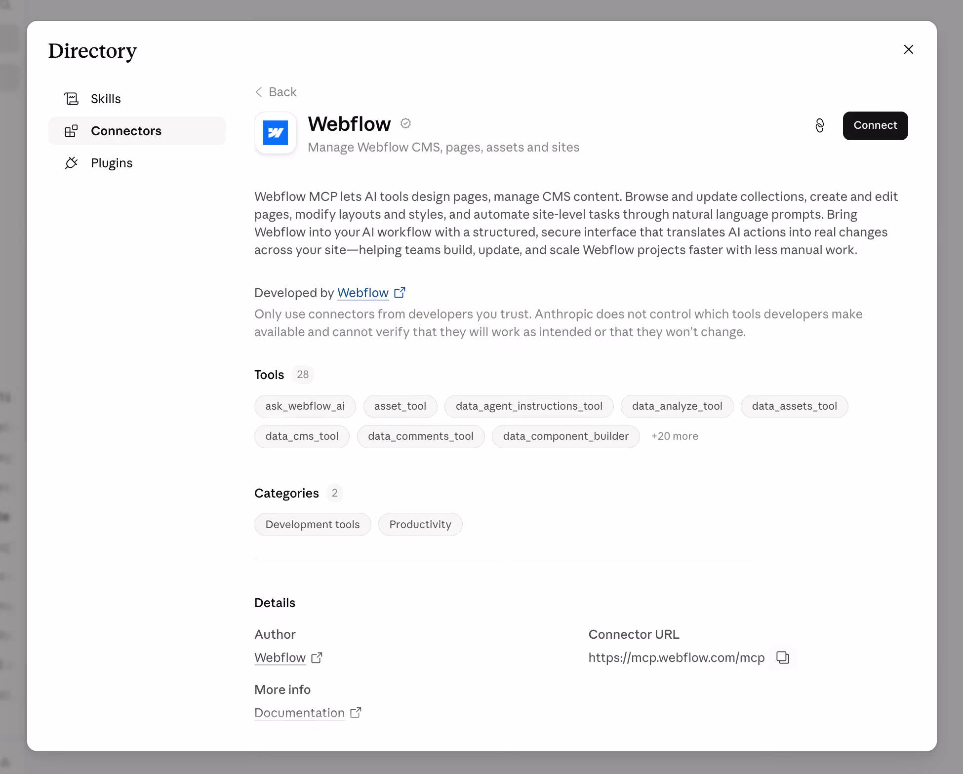 Screenshot of the Webflow connector's detail page in Claude's directory, showing its description, 28 available tools including CMS and design tools, its two categories, and its connector URL