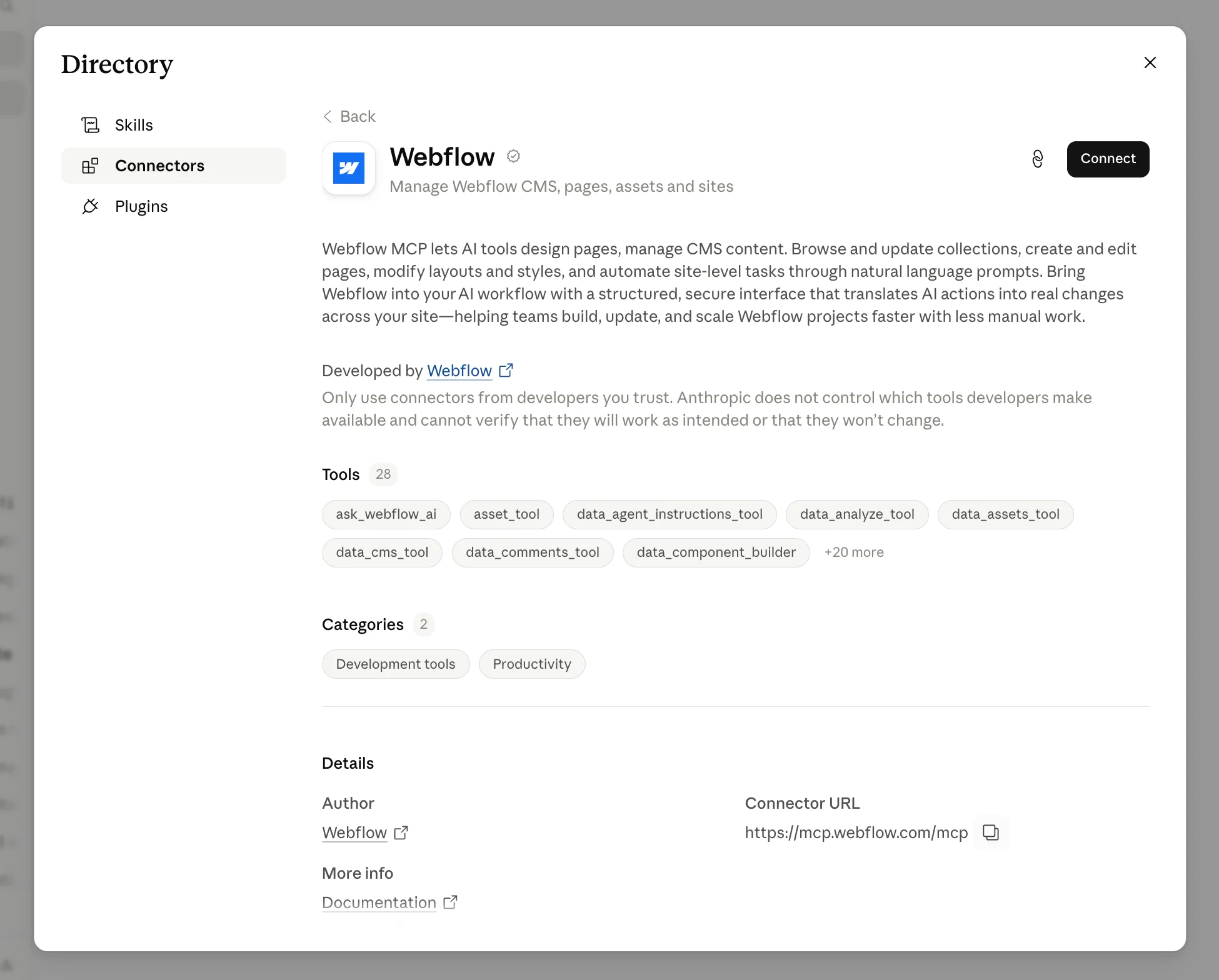 Screenshot of the Webflow connector's detail page in Claude's directory, showing its description, 28 available tools including CMS and design tools, its two categories, and its connector URL