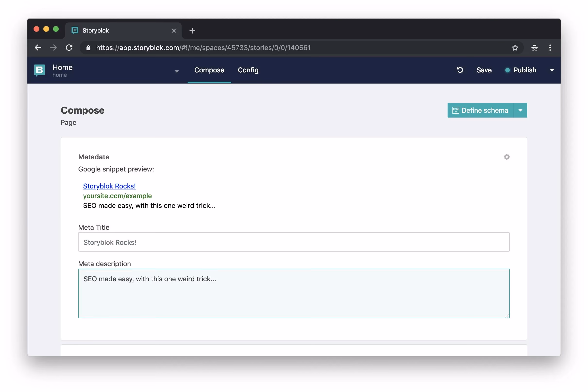 Storyblok's content editor showing the same demo homepage with its bloks structure visible in the sidebar