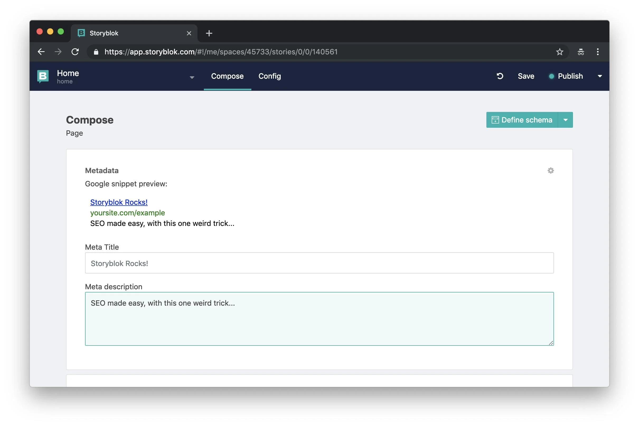 Storyblok's content editor showing the same demo homepage with its bloks structure visible in the sidebar