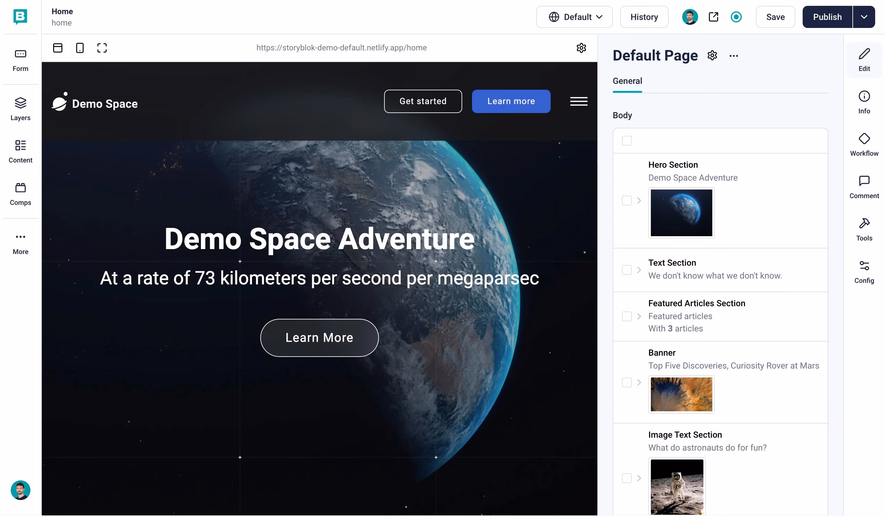 Storyblok visual editor showing a live preview of a demo homepage with hero text and two call-to-action buttons