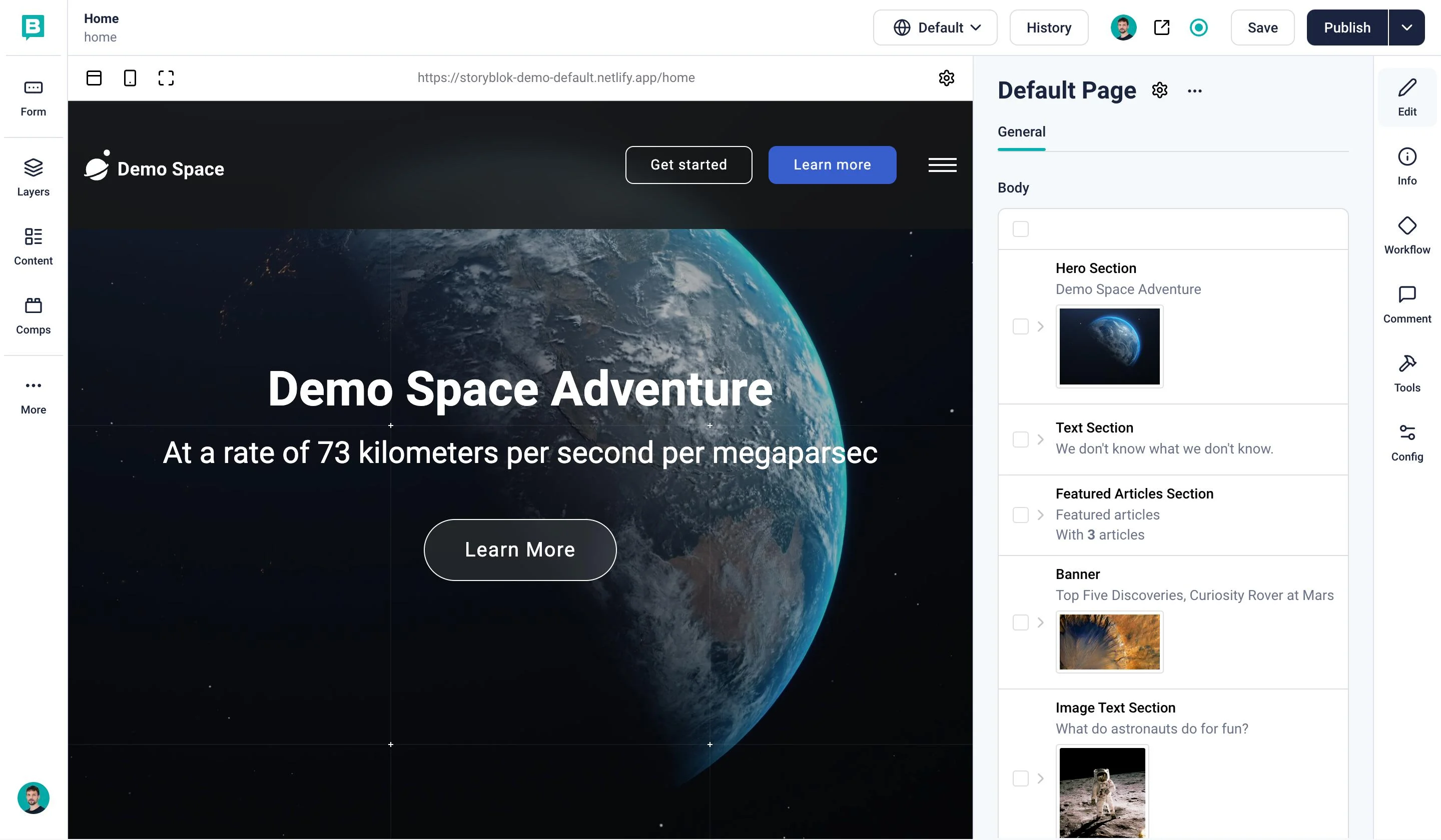 Storyblok visual editor showing a live preview of a demo homepage with hero text and two call-to-action buttons