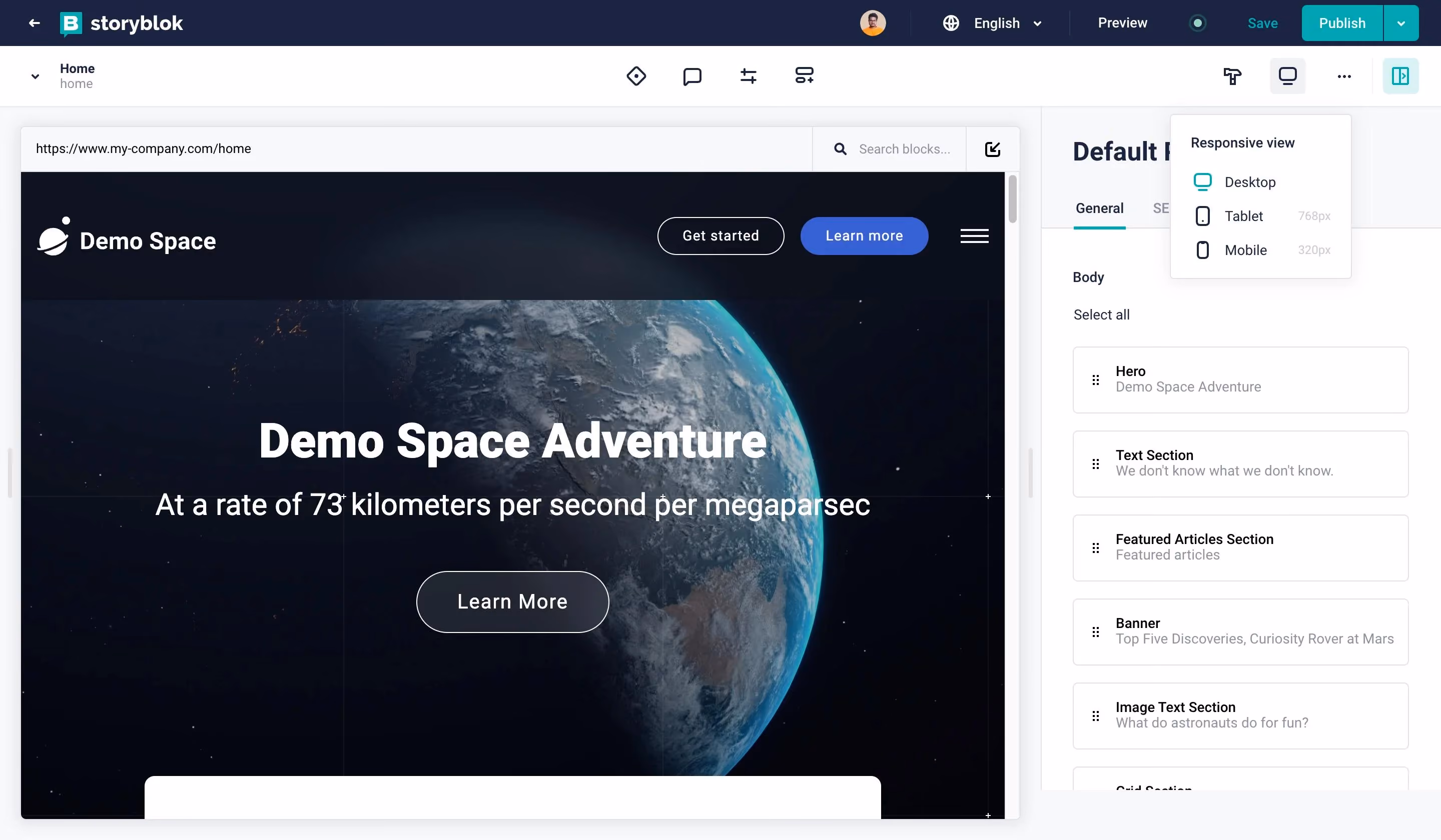Storyblok's Compose panel showing meta title and meta description fields with a Google search snippet preview