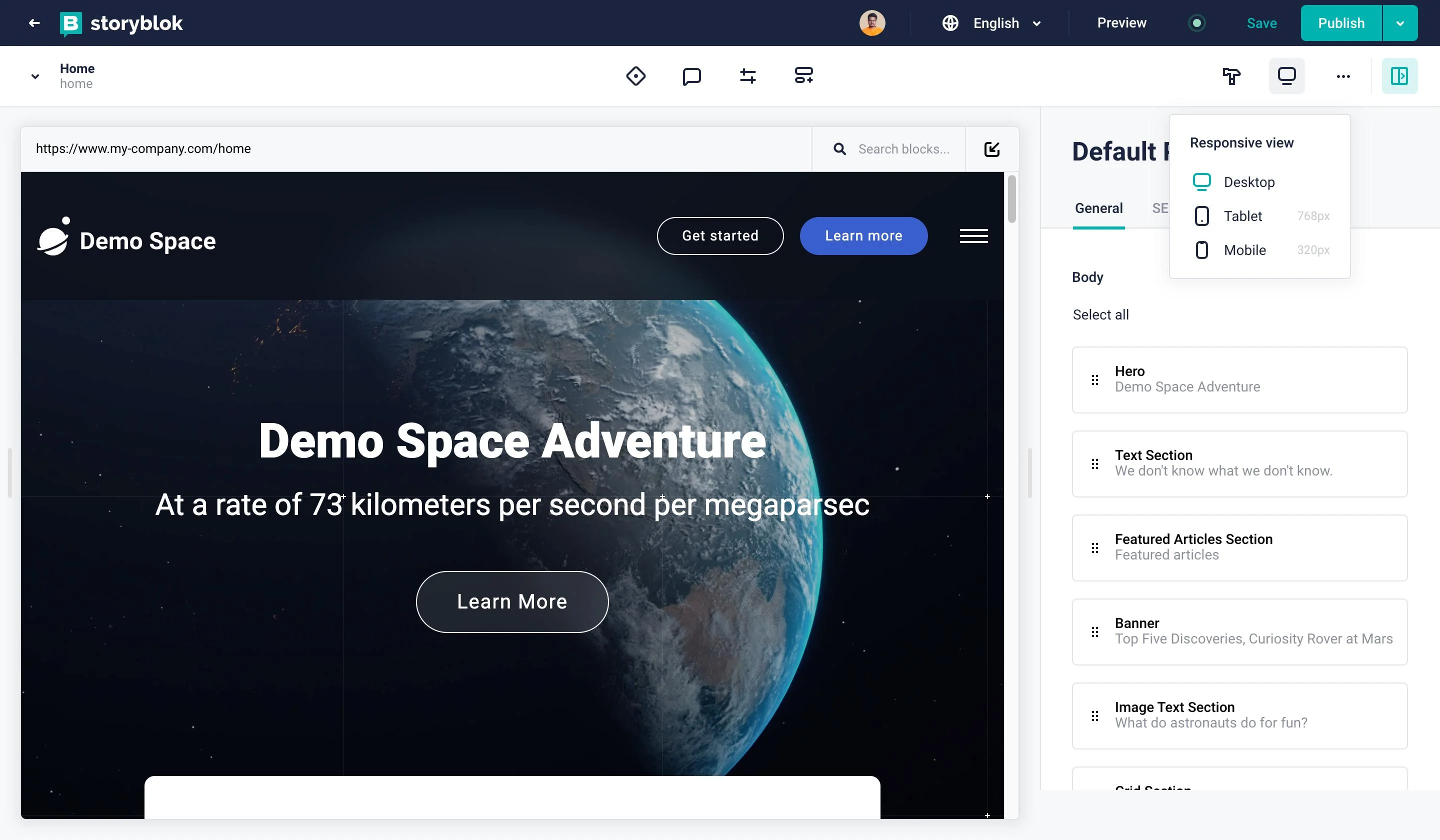 Storyblok's Compose panel showing meta title and meta description fields with a Google search snippet preview