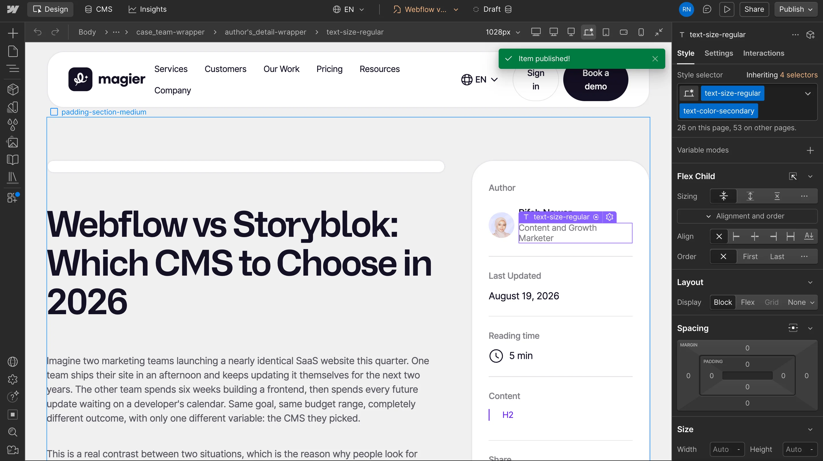 Webflow Designer interface showing the magier blog post open for editing, with the style panel and design token settings visible on the right