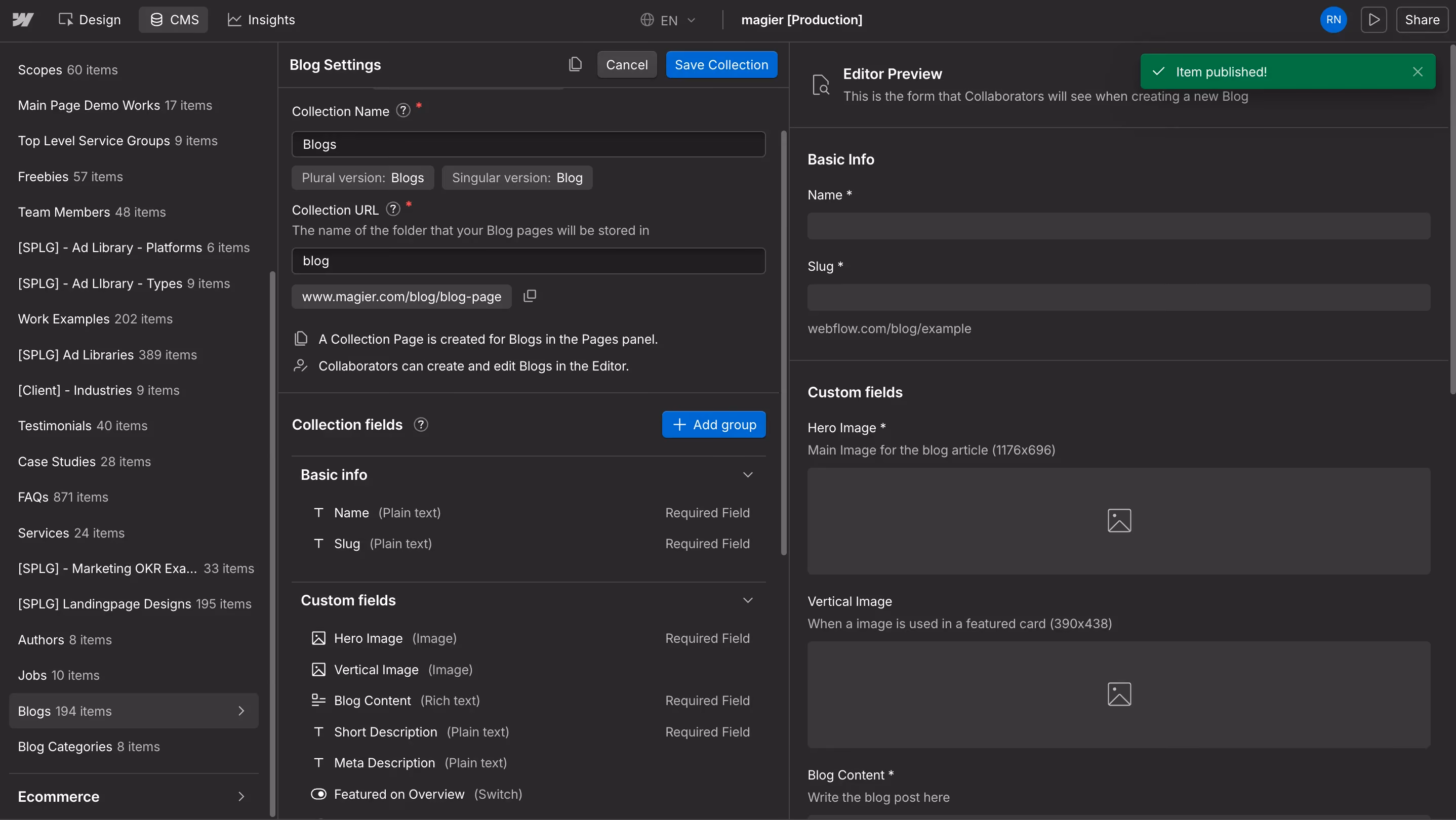 Webflow CMS Blog Settings panel showing collection fields including hero image, vertical image, blog content, and meta description