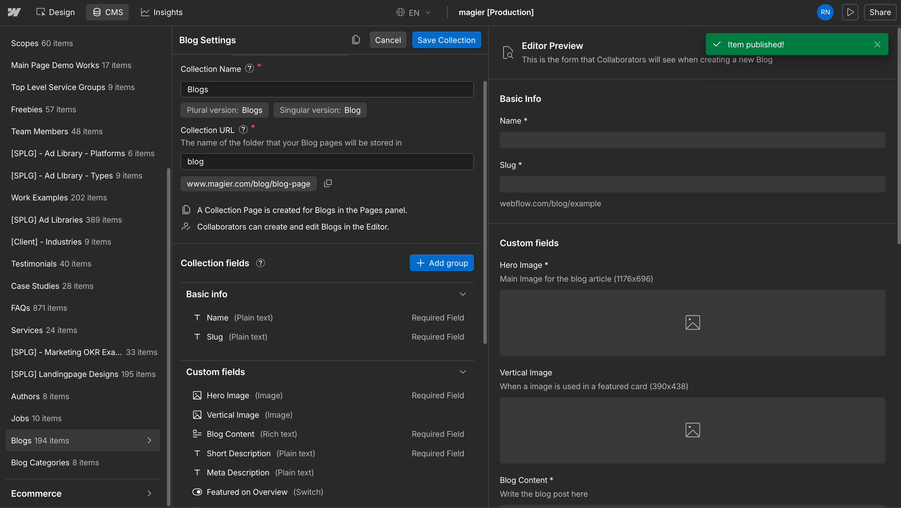 Webflow CMS Blog Settings panel showing collection fields including hero image, vertical image, blog content, and meta description