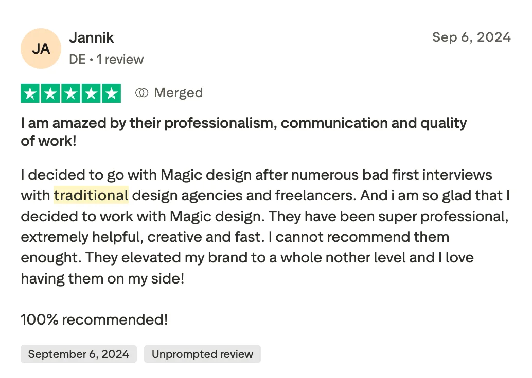 Trustpilot 5-star review from Jannik, September 2024, praising magier's professionalism, communication, and quality after bad experiences with traditional agencies and freelancers