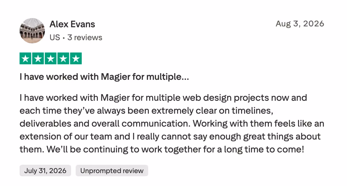 Trustpilot 5-star review from Alex Evans, August 2026, describing magier as clear on timelines an
