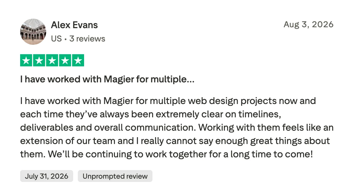 Trustpilot 5-star review from Alex Evans, August 2026, describing magier as clear on timelines an