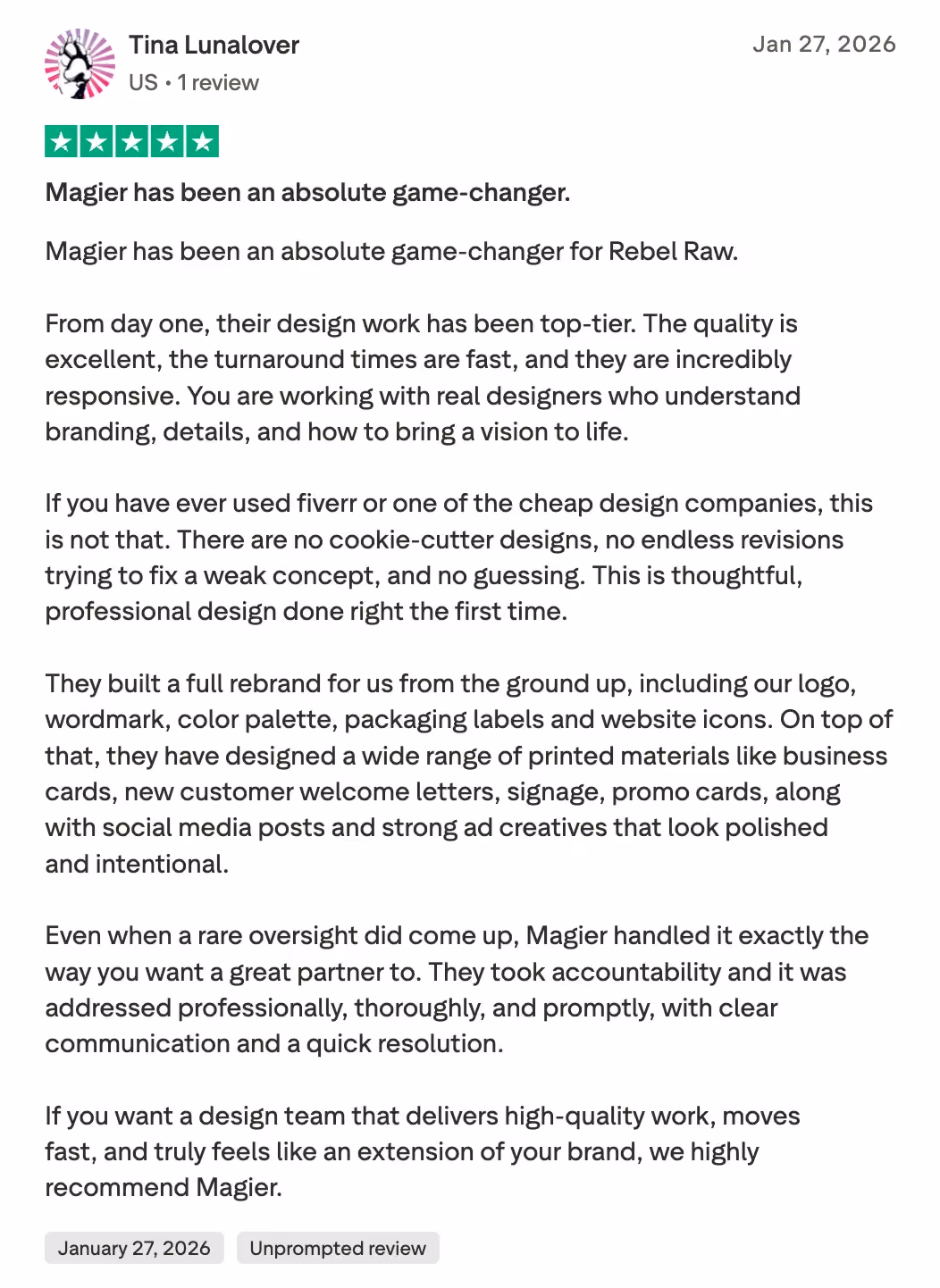 Trustpilot 5-star review from Tina Lunalover of Rebel Raw, January 2026, describing magier's full rebrand work including logo, packaging, and ad creatives