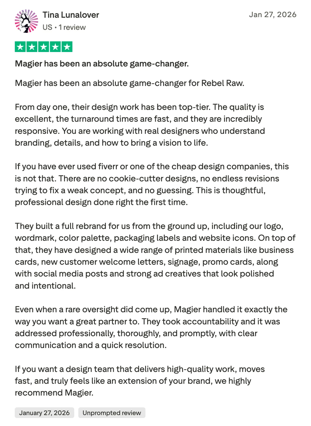 Trustpilot 5-star review from Tina Lunalover of Rebel Raw, January 2026, describing magier's full rebrand work including logo, packaging, and ad creatives