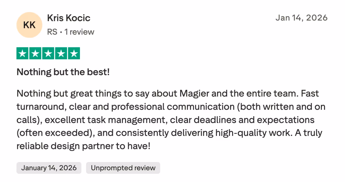 Trustpilot 5-star review from Kris Kocic, January 2026, praising magier's fast turnaround, clear deadlines, and high-quality design work