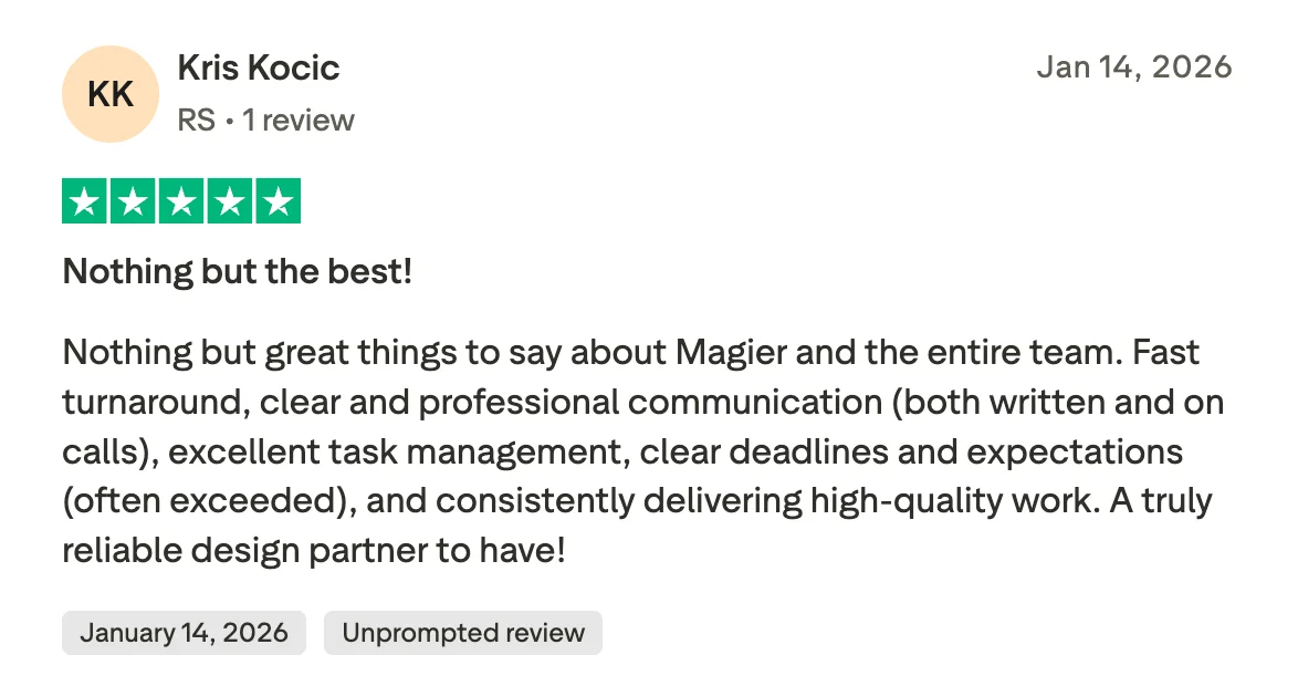 Trustpilot 5-star review from Kris Kocic, January 2026, praising magier's fast turnaround, clear deadlines, and high-quality design work