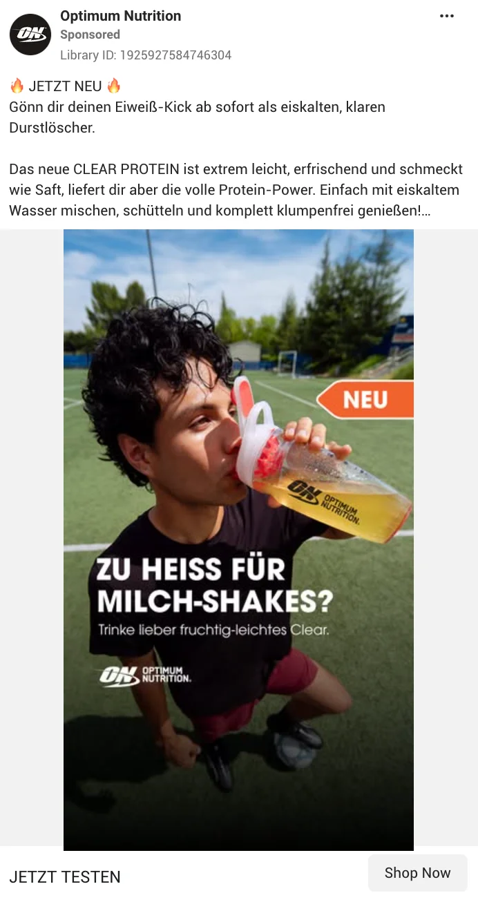 Optimum Nutrition Meta ad showing an athlete on a soccer field drinking a clear protein shake, with German text asking "too hot for milkshakes?"