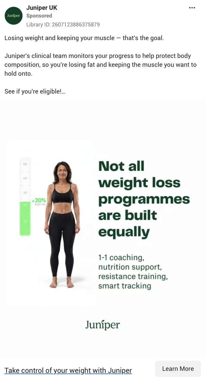 Juniper UK Meta ad showing a woman in activewear next to a body fat percentage scale graphic, with headline "Not all weight loss programmes are built equally"