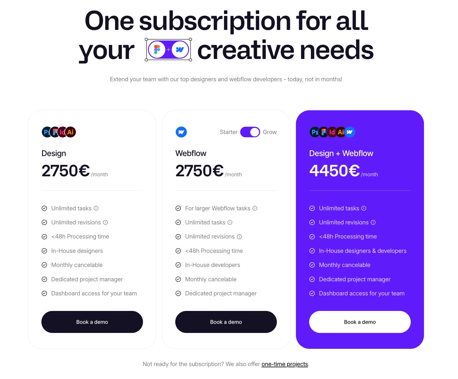 magier pricing page showing three subscription plans: Design at €2,750/month, Webflow at €2,750/month, and Design + Webflow at €4,450/month, all with unlimited tasks, under 48-hour processing, and monthly cancellation