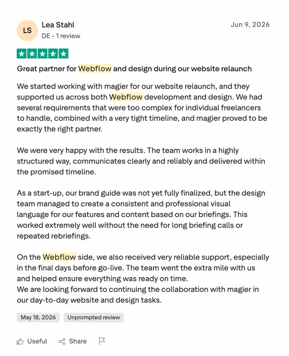 Trustpilot 5-star review of magier from Lea Stahl, June 2026, praising magier's Webflow development and design support during a website relaunch with complex requirements and a tight timeline
