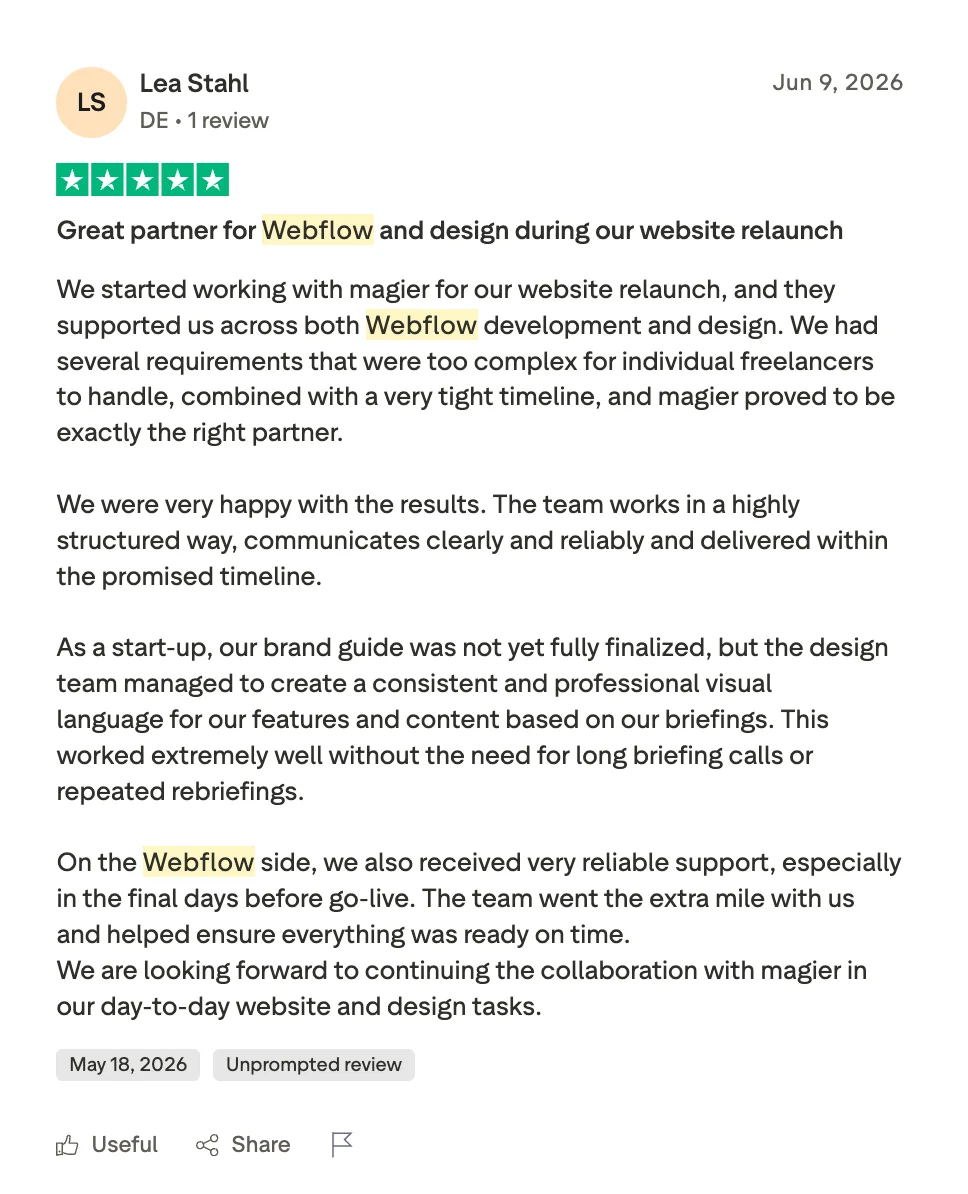 Trustpilot 5-star review of magier from Lea Stahl, June 2026, praising magier's Webflow development and design support during a website relaunch with complex requirements and a tight timeline