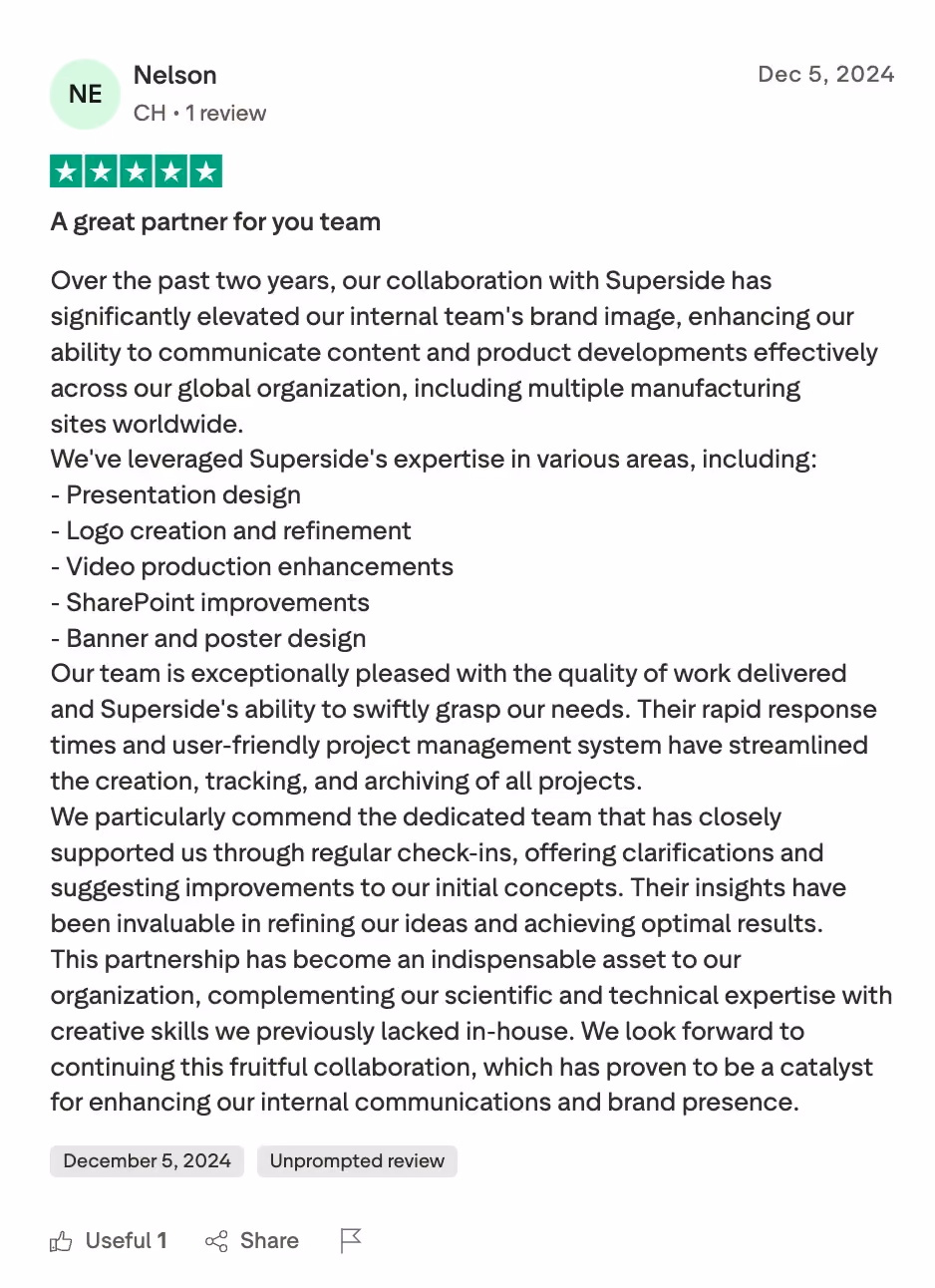 Trustpilot 5-star review of Superside from Nelson, December 2024, praising Superside's quality across presentation design, logo creation, video production, and project management for a global organization