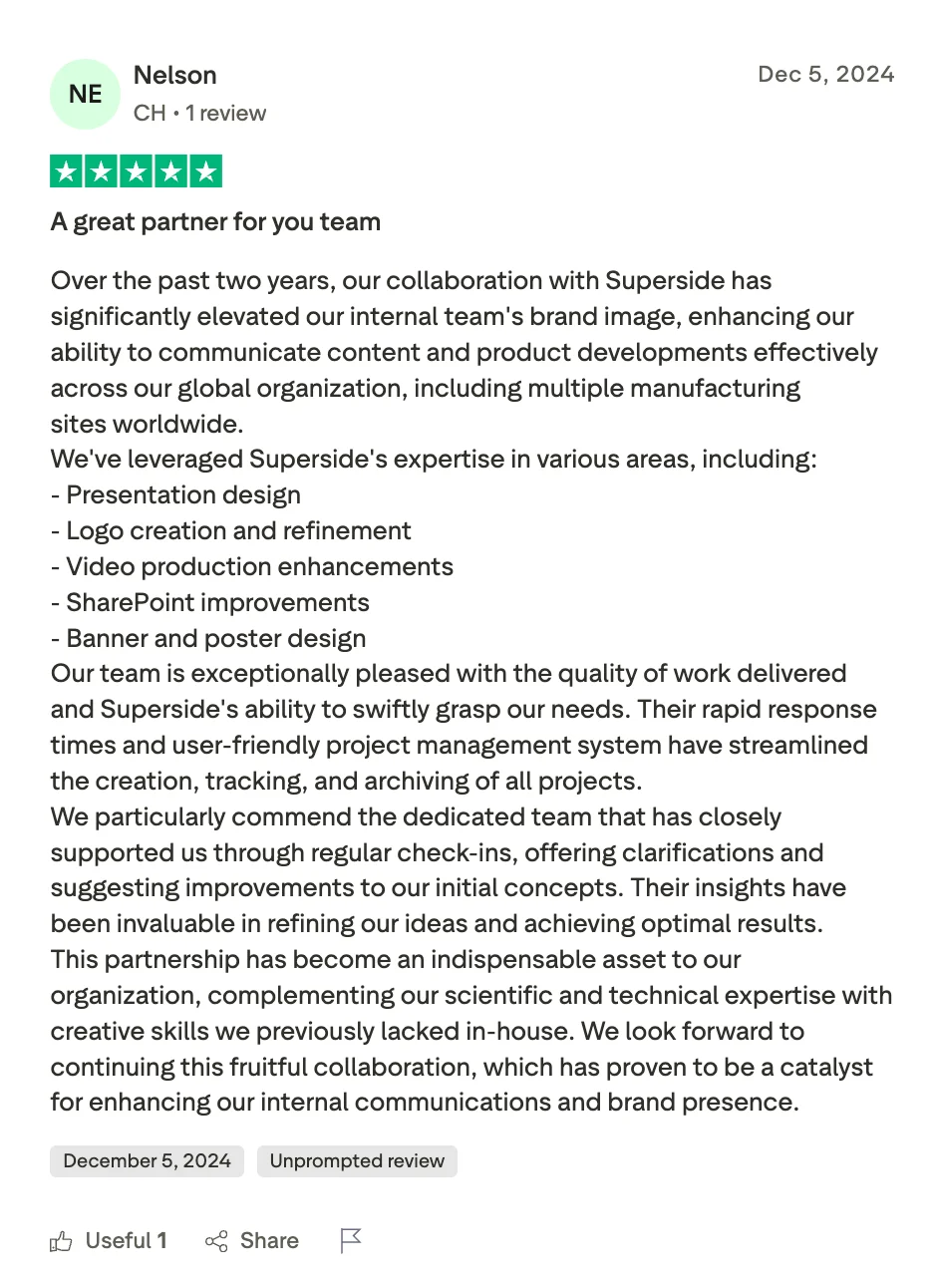 Trustpilot 5-star review of Superside from Nelson, December 2024, praising Superside's quality across presentation design, logo creation, video production, and project management for a global organization