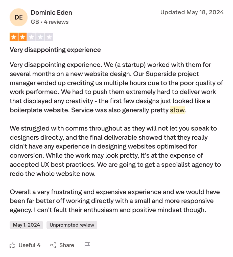 Alt: Trustpilot 2-star review of Superside from Dominic Eden, May 2024, describing a disappointing experience with slow service, poor initial design quality, and inability to speak to designers directly for a startup website project
