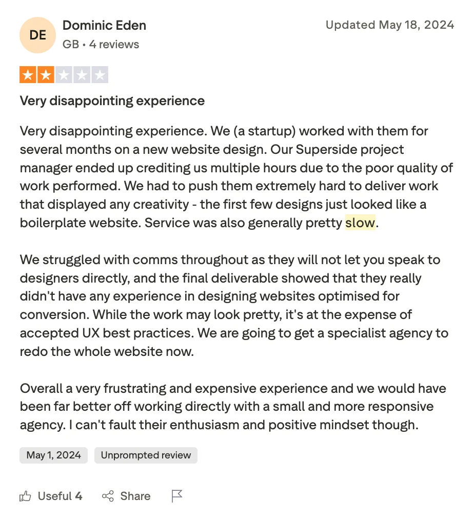 Alt: Trustpilot 2-star review of Superside from Dominic Eden, May 2024, describing a disappointing experience with slow service, poor initial design quality, and inability to speak to designers directly for a startup website project