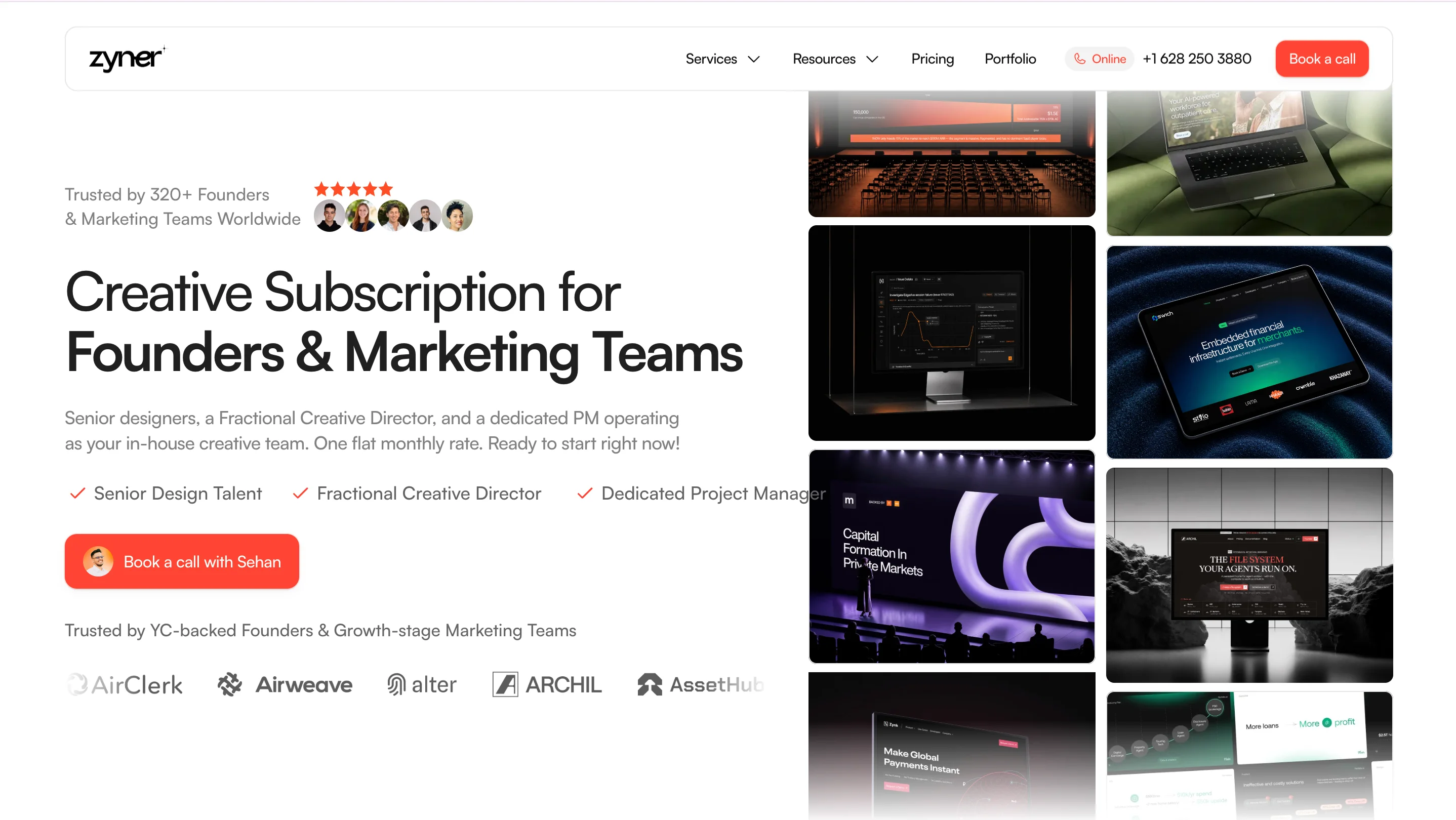 Zyner homepage showing its creative subscription for founders and marketing teams