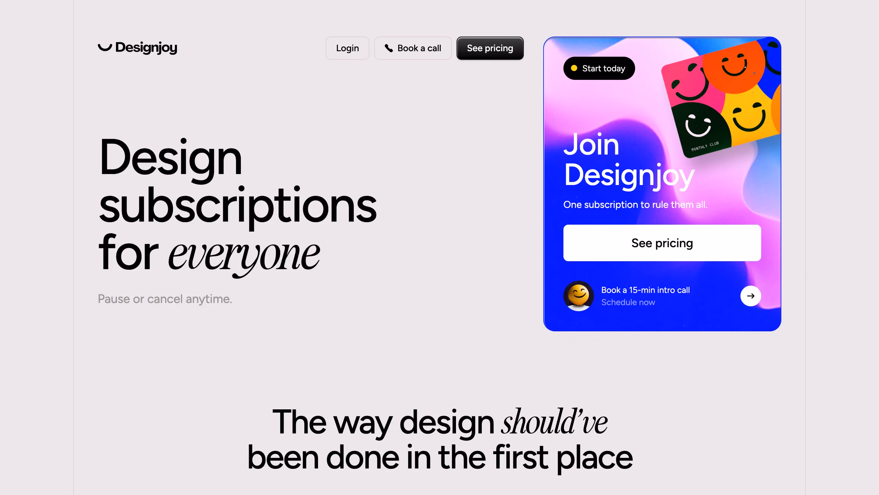 DesignJoy homepage showing its solo-designer subscription model with pause-or-cancel pricing