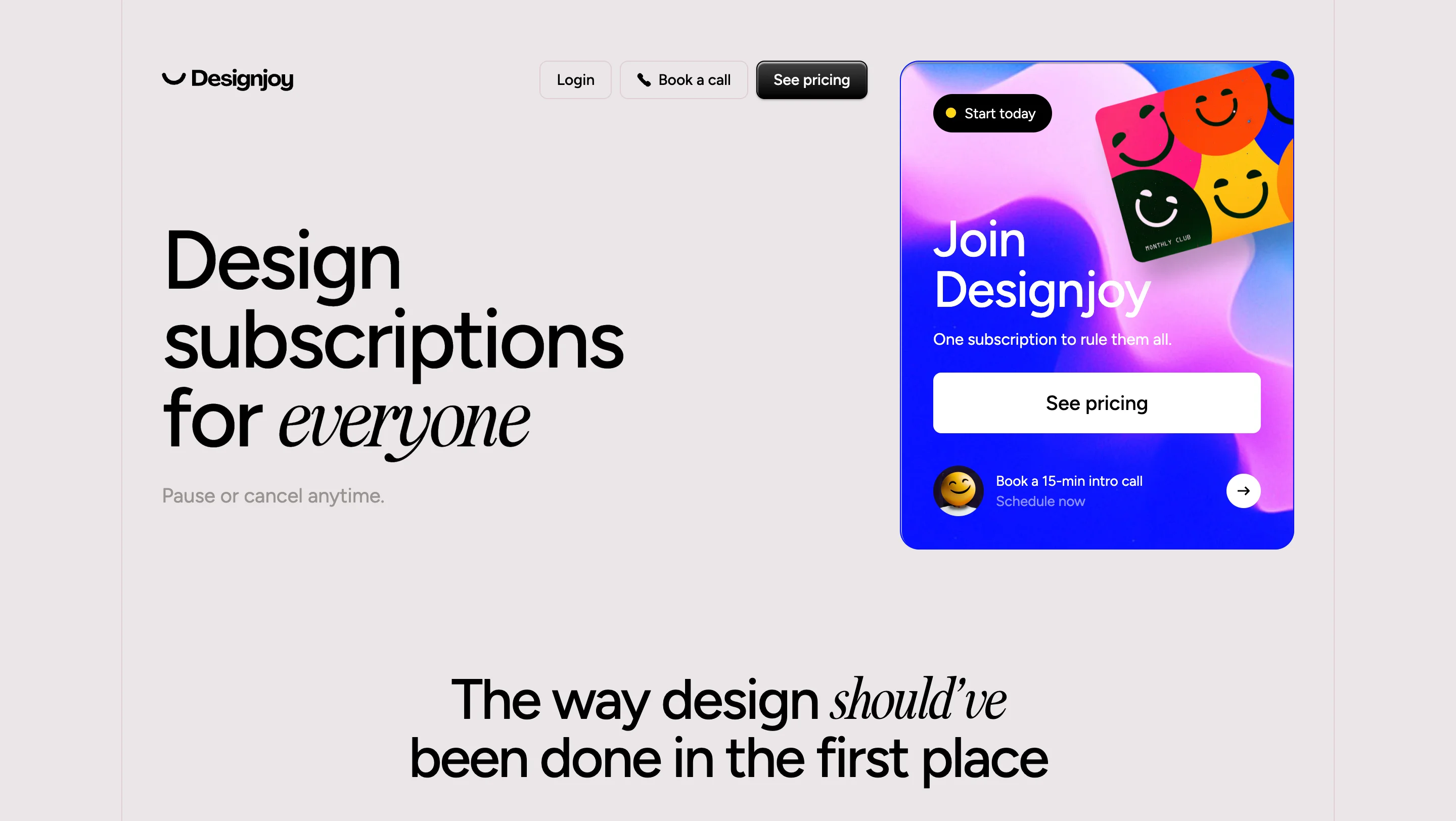 DesignJoy homepage showing its solo-designer subscription model with pause-or-cancel pricing
