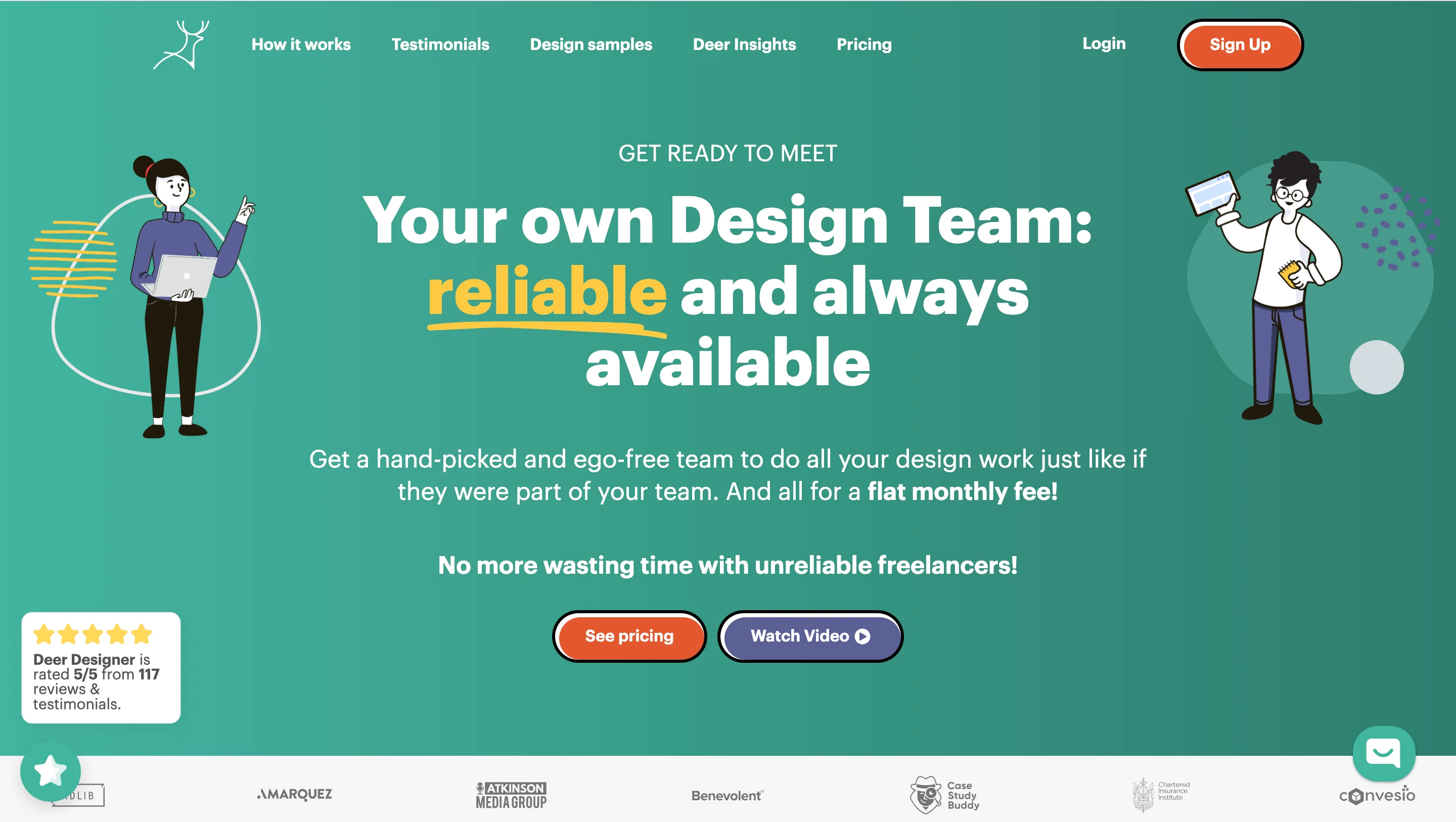 Deer Designer homepage showing its flat-fee design team subscription and 5-star rating