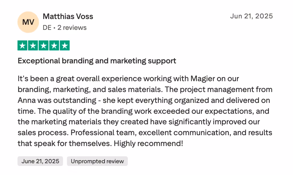 Quote by Matthias on magier's exceptional branding and marketing support