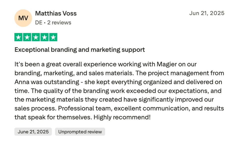 Quote by Matthias on magier's exceptional branding and marketing support