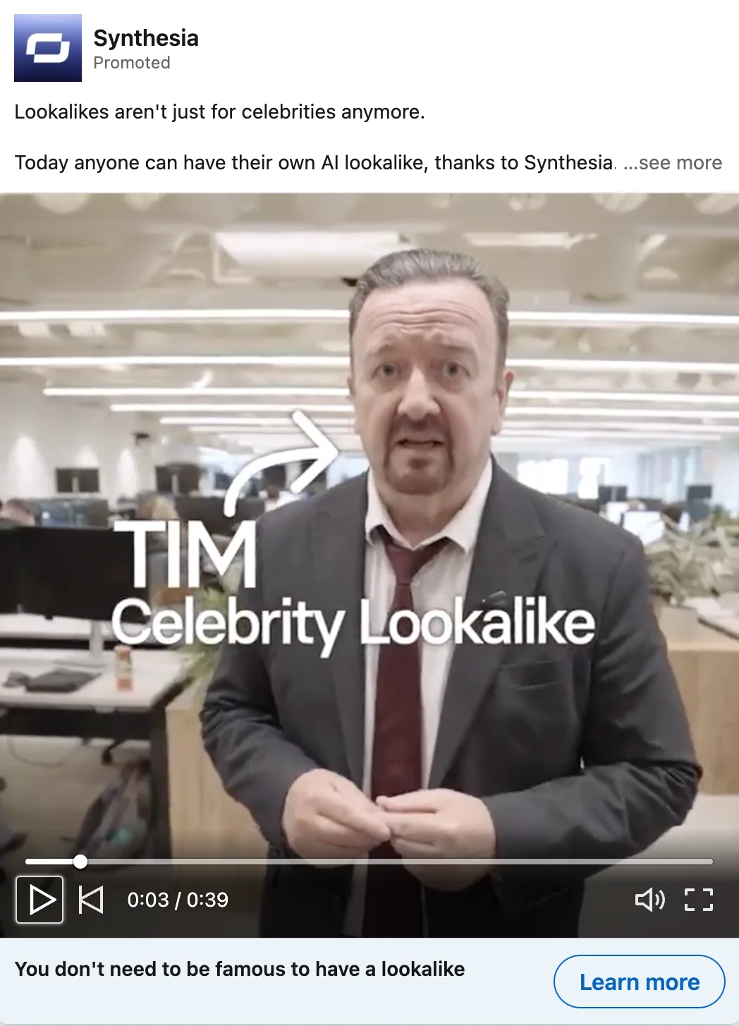 Synthesia Facebook ad showing an AI-generated "celebrity lookalike" avatar named Tim