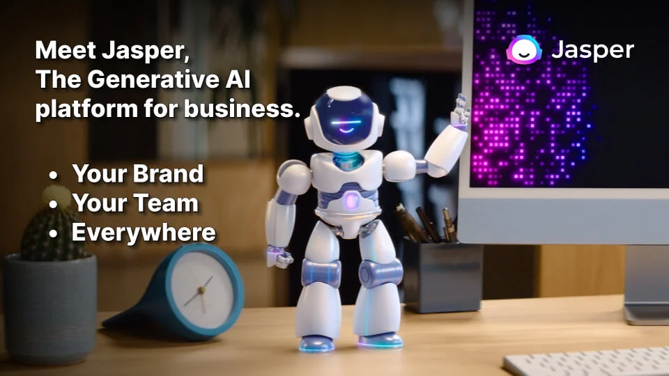 Jasper AI ad featuring a robot mascot with the tagline "Your Brand, Your Team, Everywhere"
