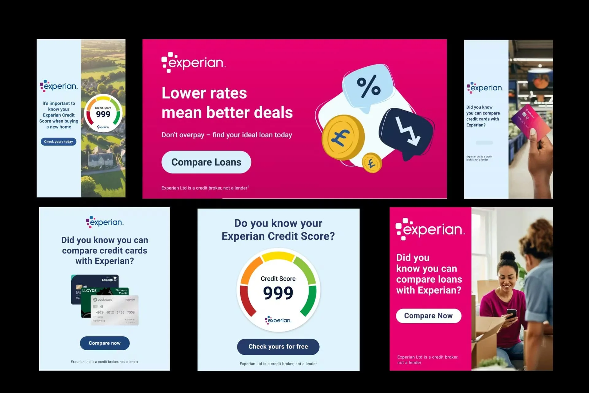 Grid of six Experian display ads for credit score checks, loan comparisons, and credit card comparisons
