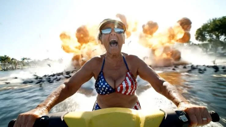 Dramatic ad still of a woman on a jet ski with explosions in the background, an example of an attention-grabbing AI-generated hook