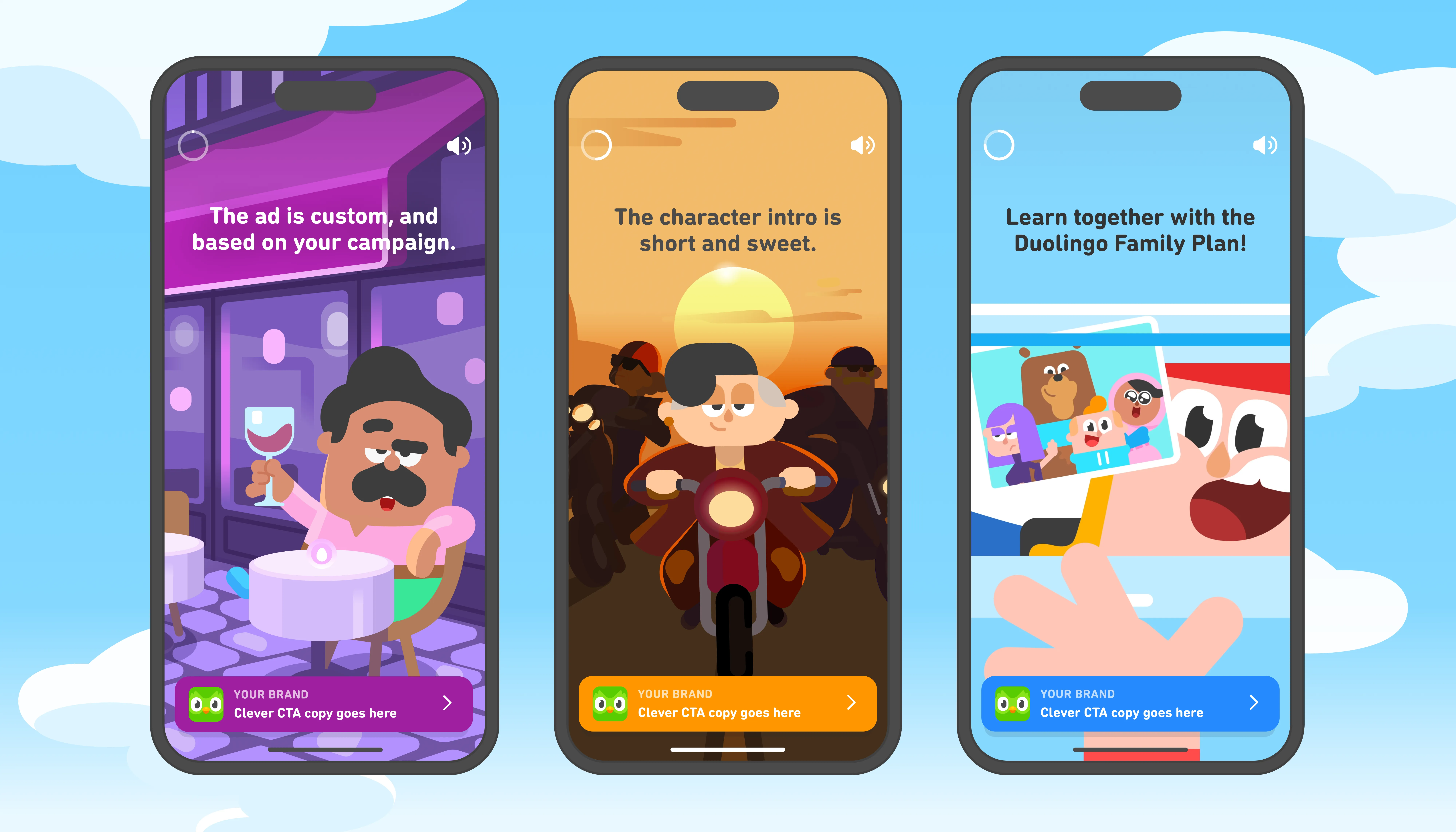 Three Duolingo story ad mockups with illustrated characters and a "Your Brand" CTA template