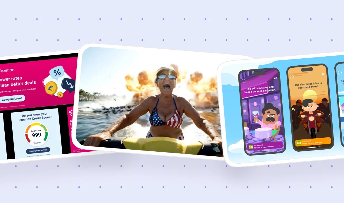 Composite of AI ad creative examples, including Experian banner ads, a jet ski action still, and Duolingo-branded story ads