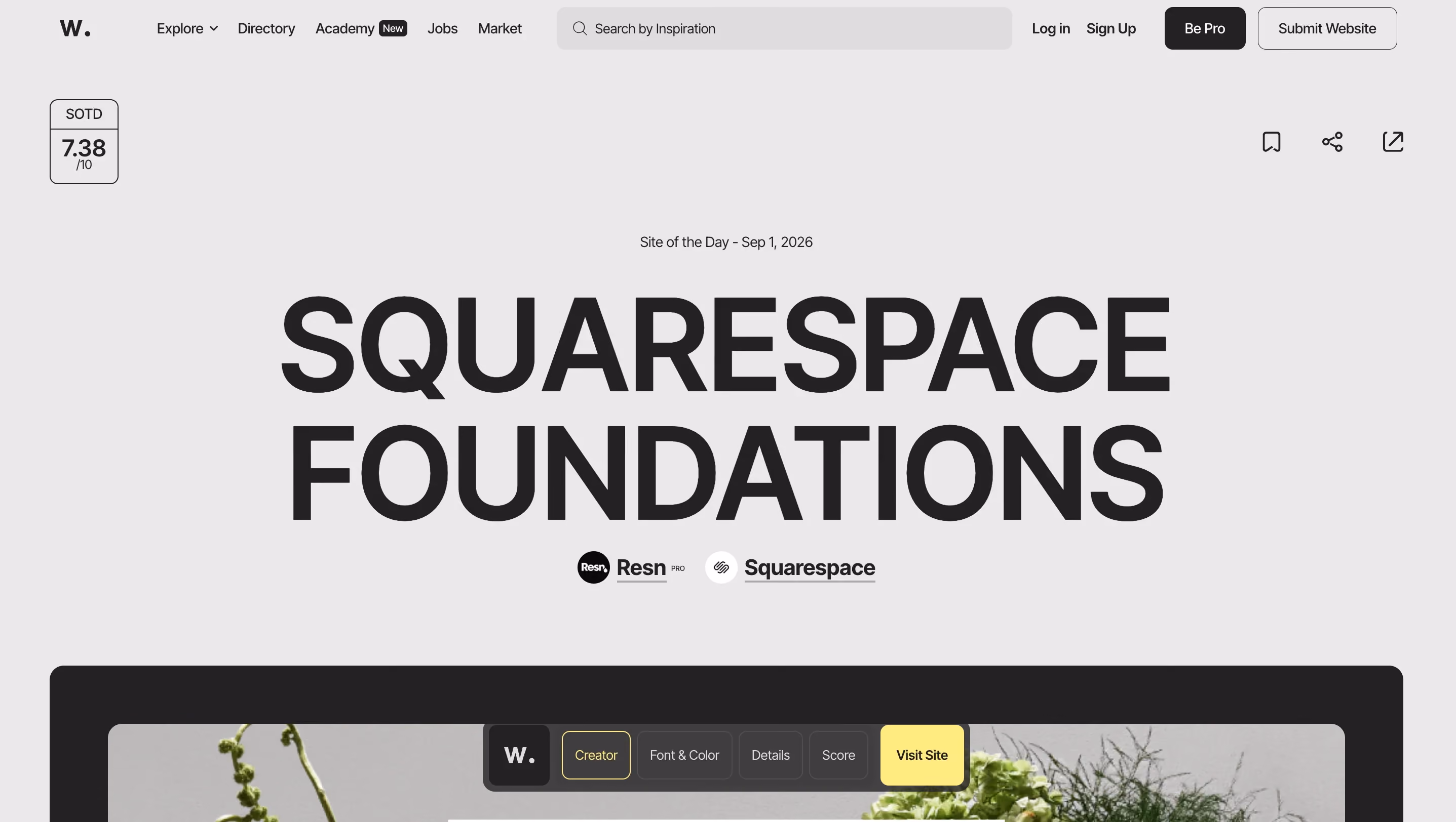 Awwwards homepage showing the Site of the Day feature for Squarespace Foundations
