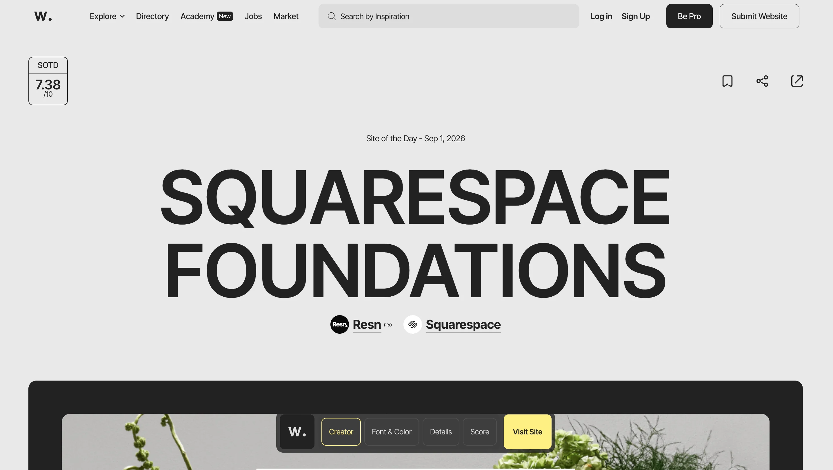 Awwwards homepage showing the Site of the Day feature for Squarespace Foundations