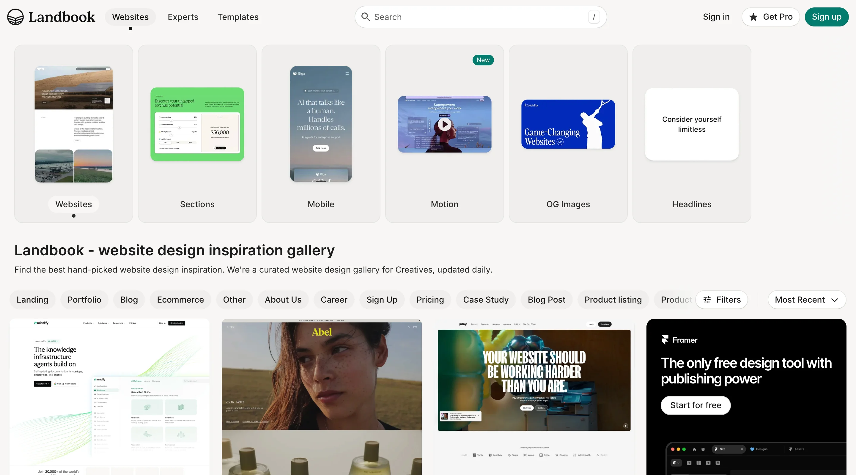 Landbook homepage showing a grid of landing page design examples