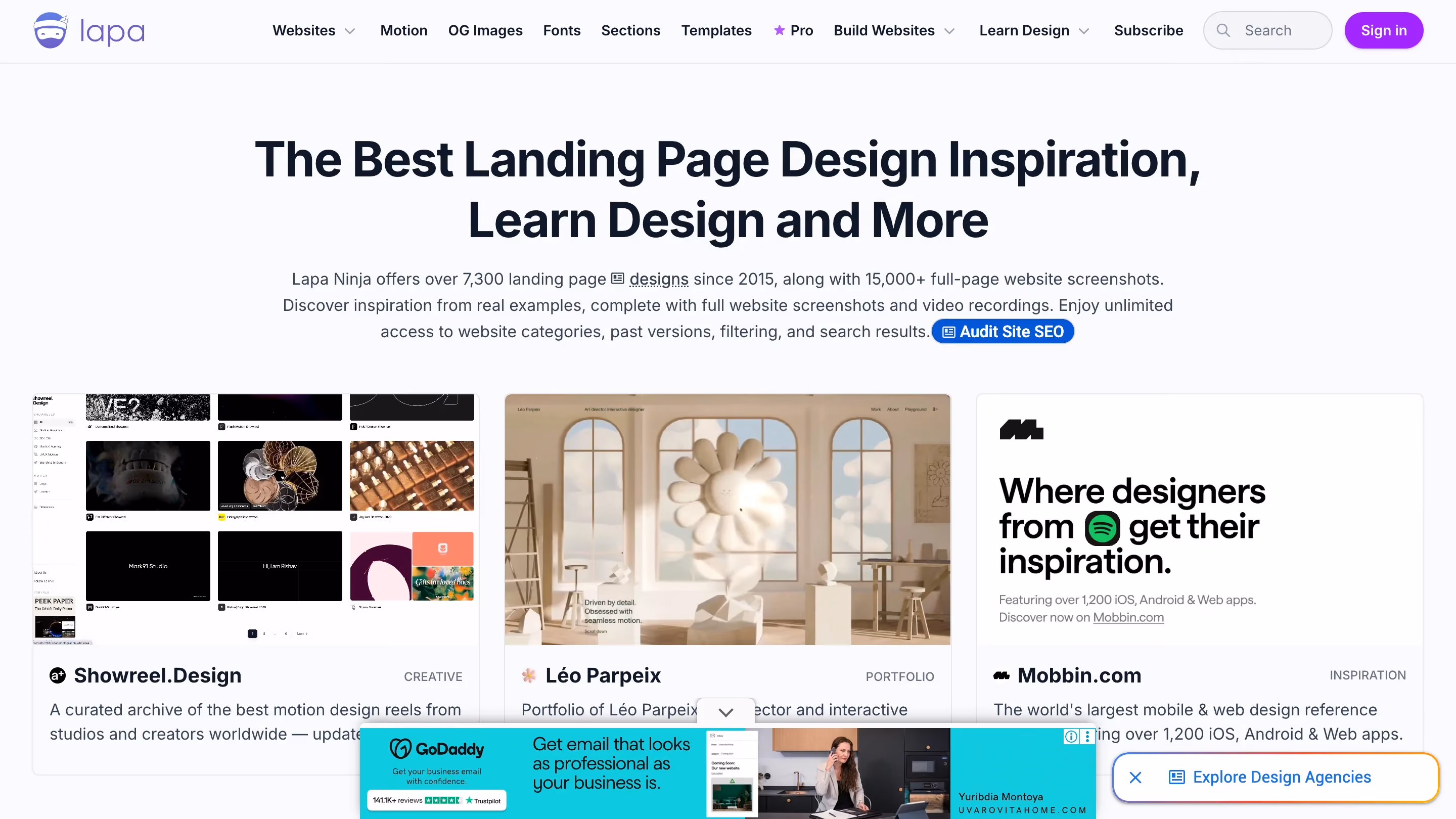 Lapa Ninja homepage displaying landing page design inspiration and portfolio examples