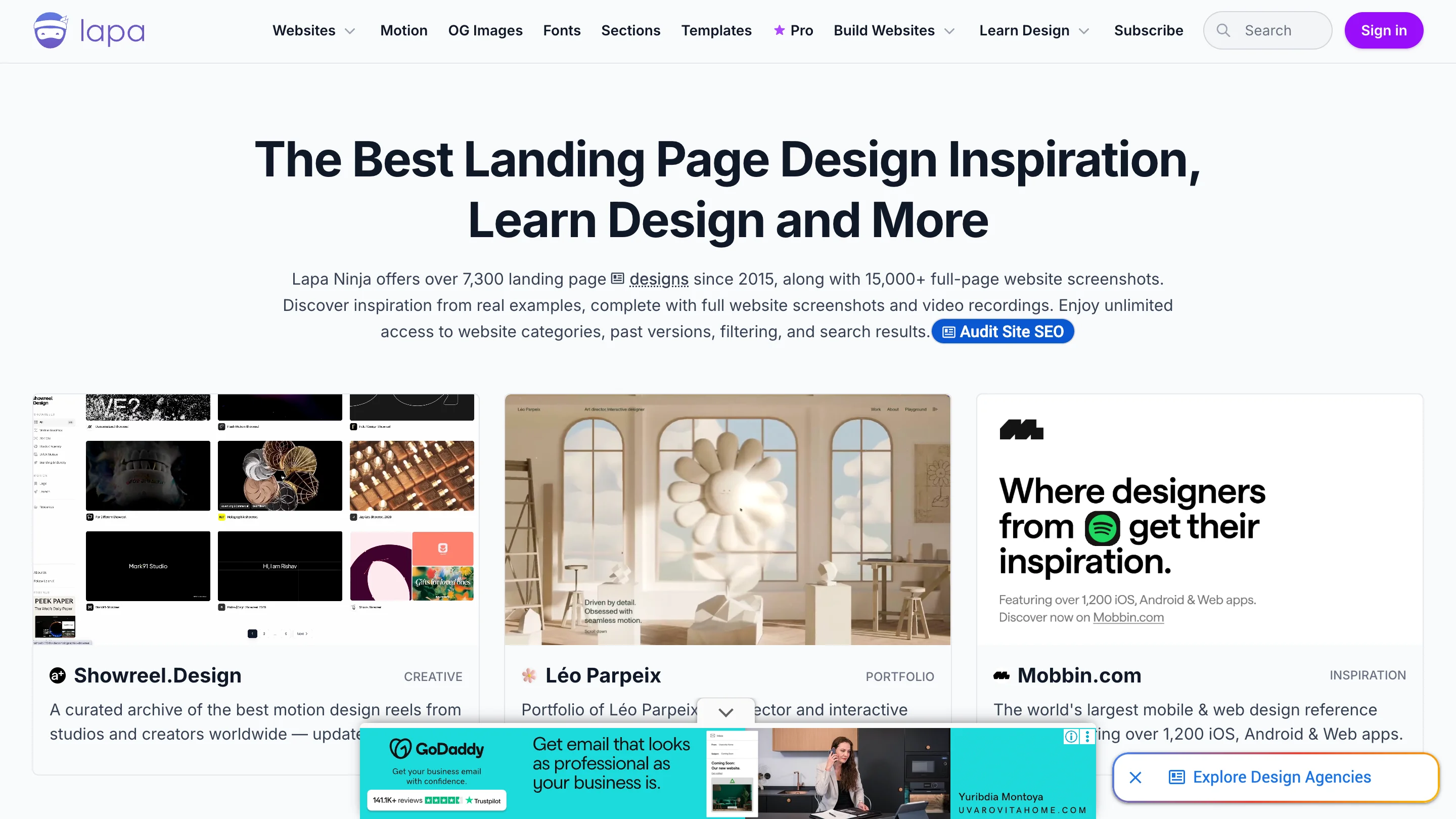 Lapa Ninja homepage displaying landing page design inspiration and portfolio examples