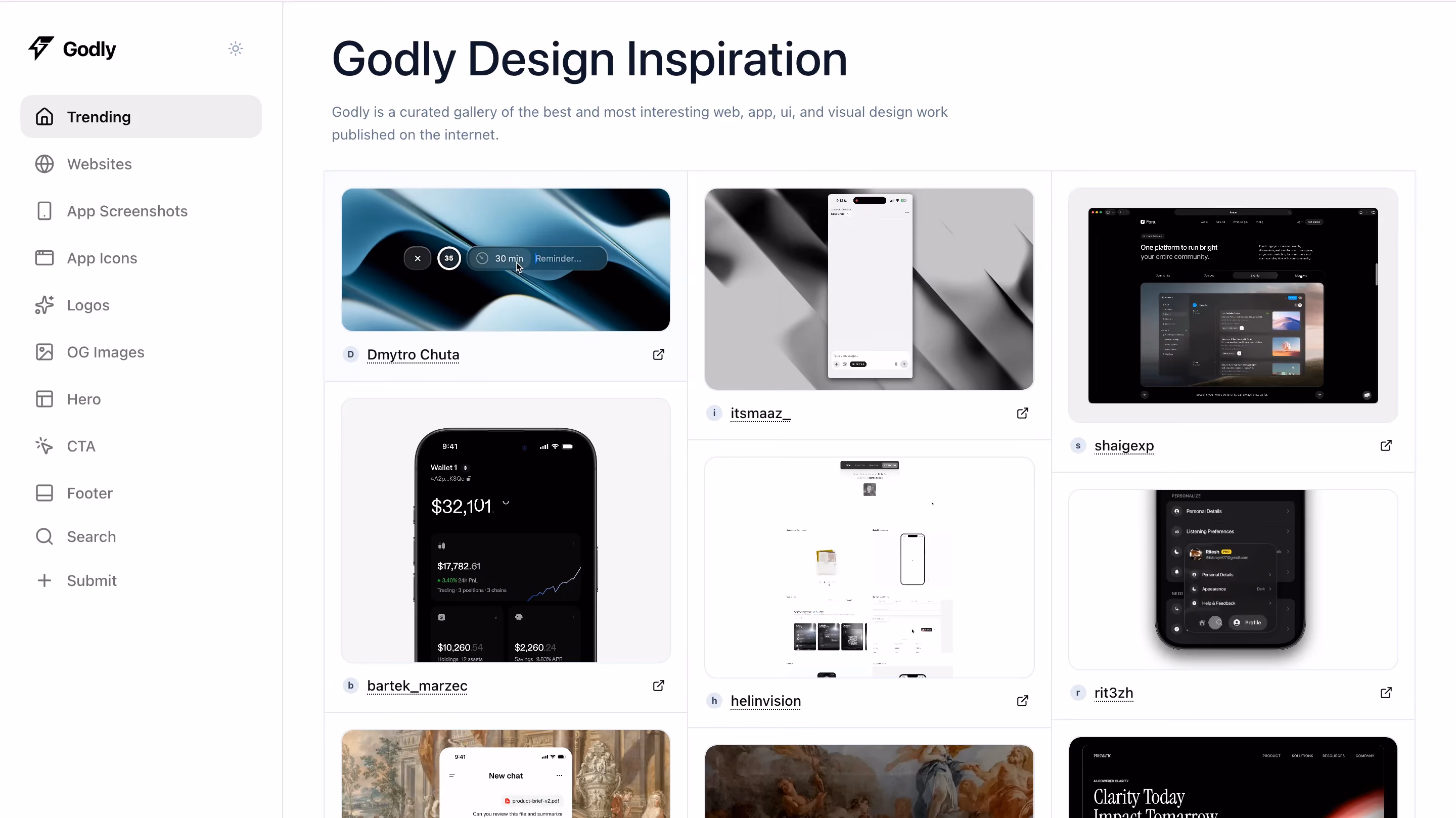 Godly design inspiration homepage showing a trending feed of app and web design screenshots