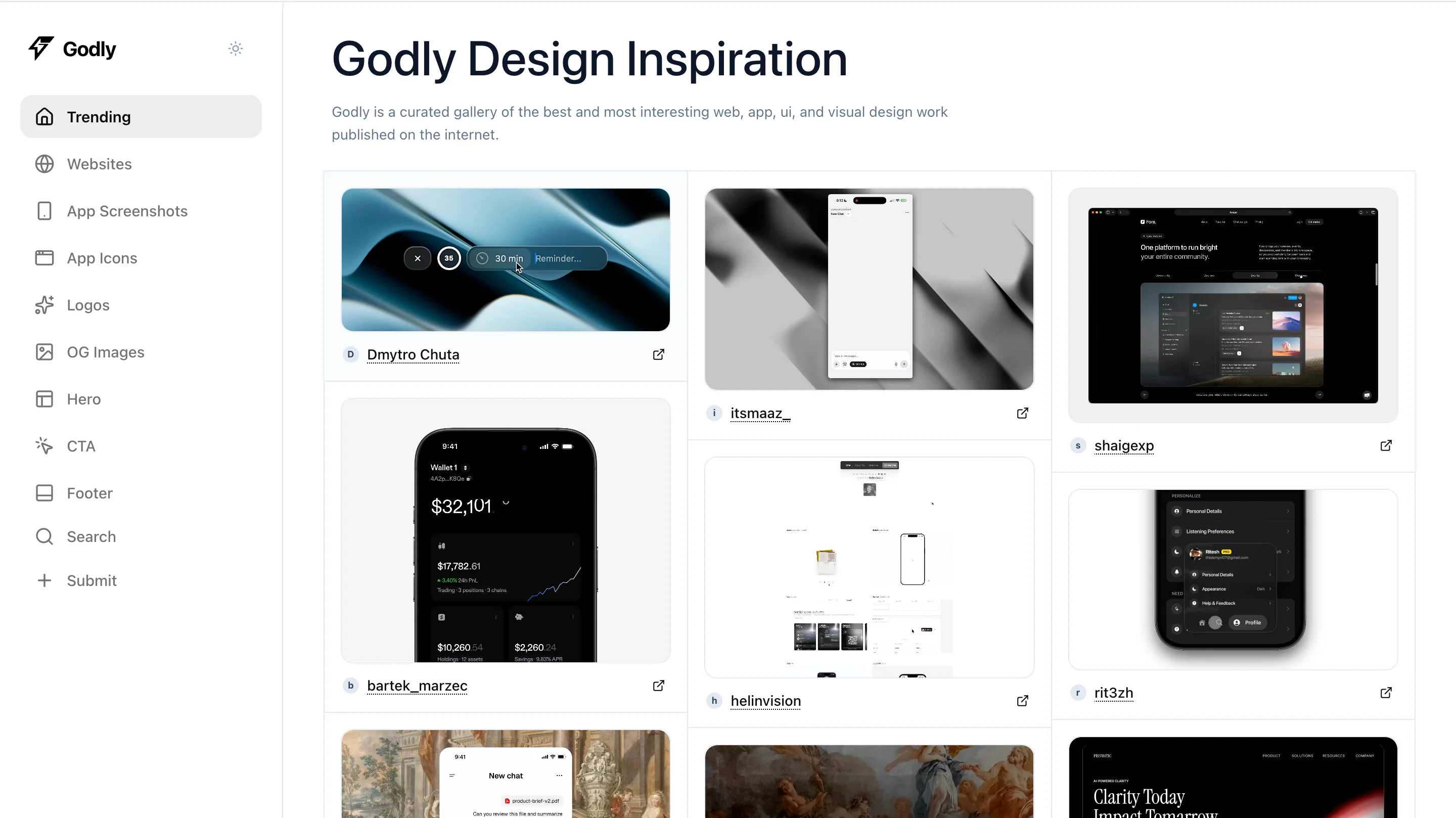 Godly design inspiration homepage showing a trending feed of app and web design screenshots