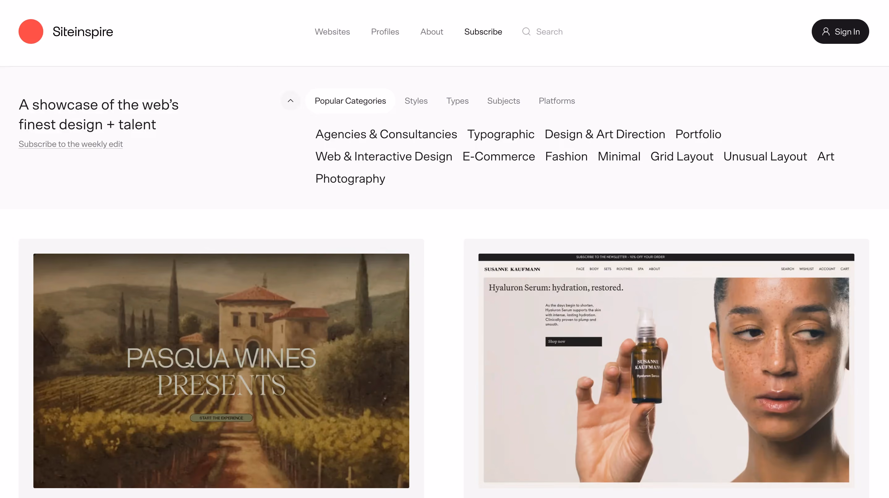 Siteinspire homepage with the tagline "A showcase of the web's finest design and talent"